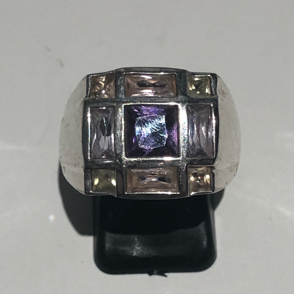 Vintage Chunky Silver & Square Cut Faux Gemstone Ring